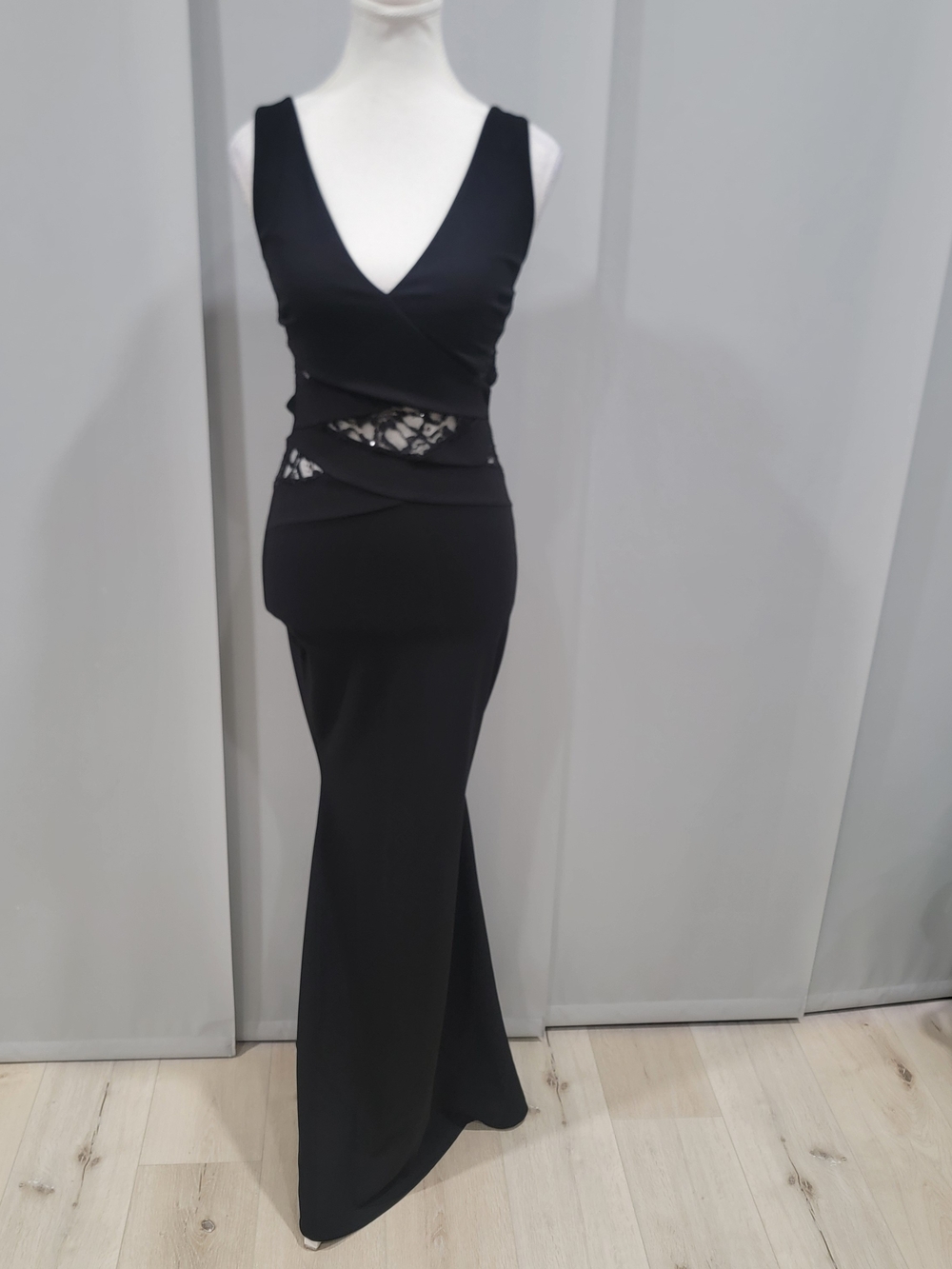 Black V-Neck Maxi Dress with Lace Waist Panels